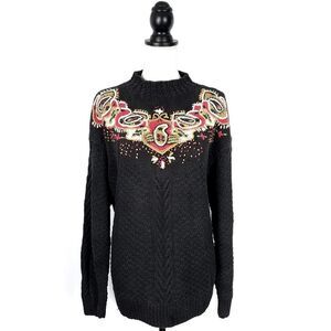Vintage Attache Herman Geist Black Red Hand Knit Embroidered Sweater Size Large